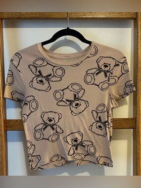Juniors Teddy Bear Print Short Sleeve Beige Tee